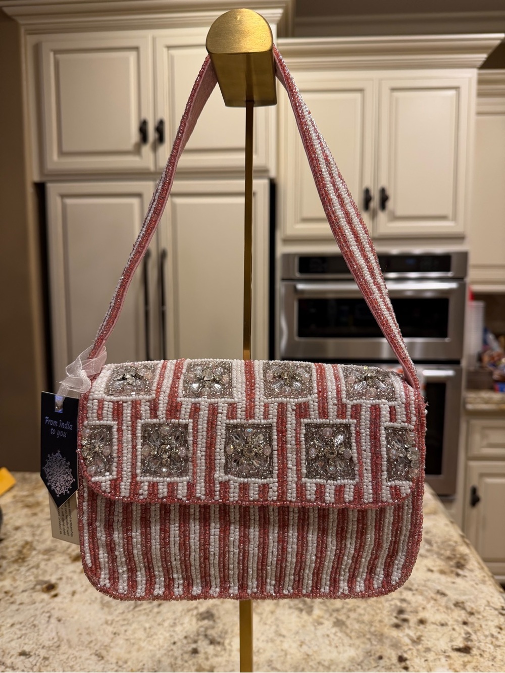 From India to You Beaded Pink-White Shoulder Bag with Embellished Squares